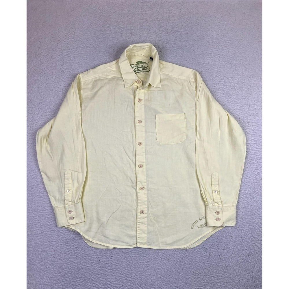 Tommy Bahama Shirt Mens Large Light Yellow Linen Long Sleeve Button Front Relax